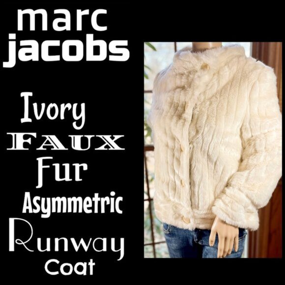 ▪️MARC JACOBS▪️Ivory Faux Fur Asymmetric Mock Collar Runway Coat - Picture 1 of 10